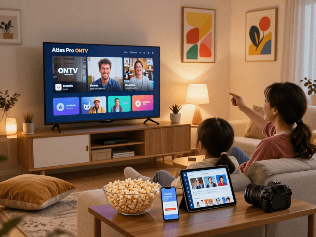 Profitez de l'application atlas pro ontv en famille dans un salon chaleureux.