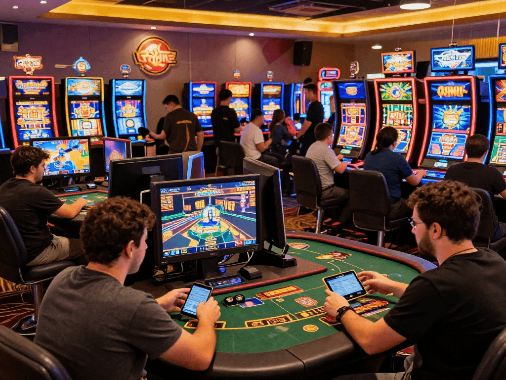 Scène dynamique de casino en ligne France avec joueurs engagés autour de jeux variés, ambiance conviviale.