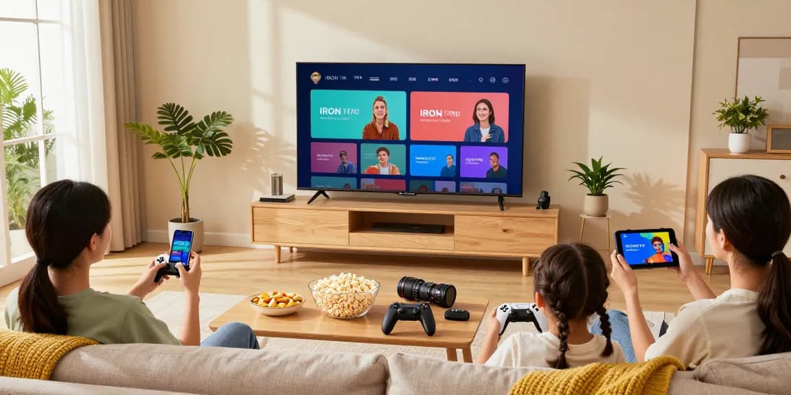 Vision de la famille profitant d'Iron TV Pro en streaming haute définition sur Smart TV.