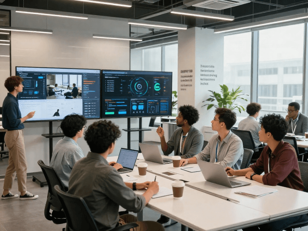 Collaborative workplace featuring Iron TV Pro with professionals discussing digital content strategies.