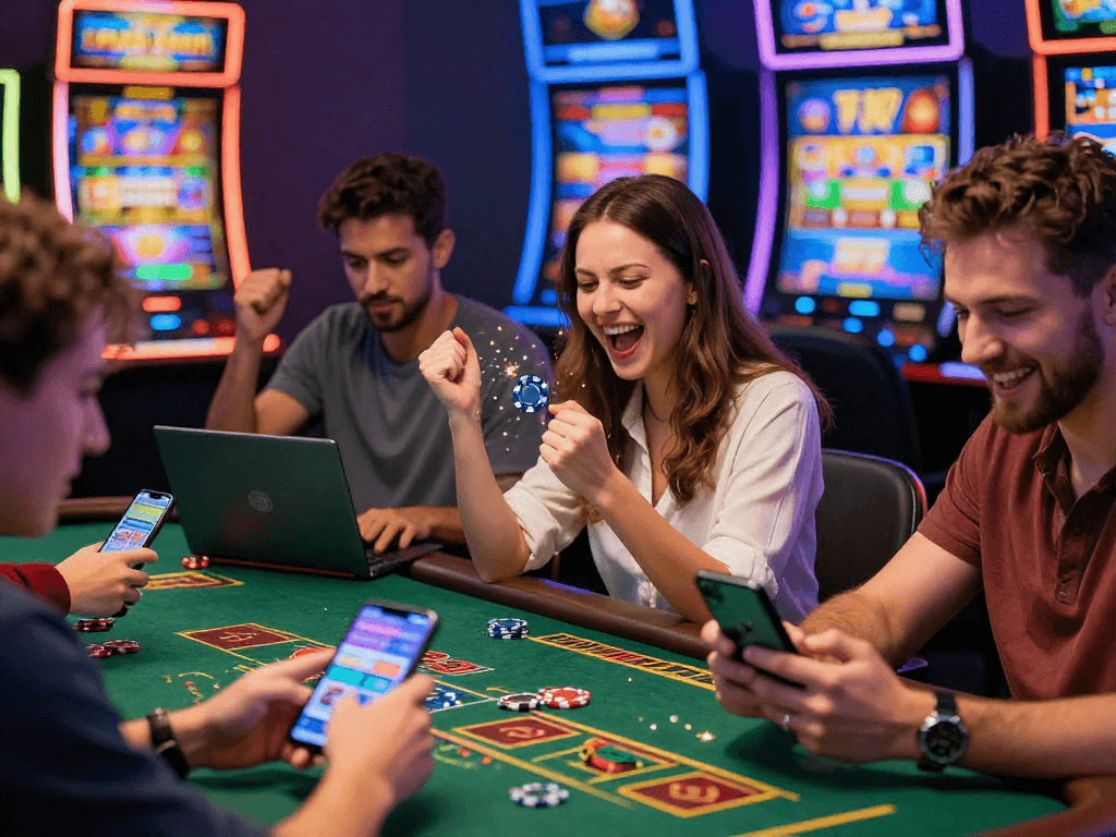 Scène de casino en ligne France avec des joueurs célébrant des gains sur leurs appareils, créant une ambiance excitante et dynamique.
