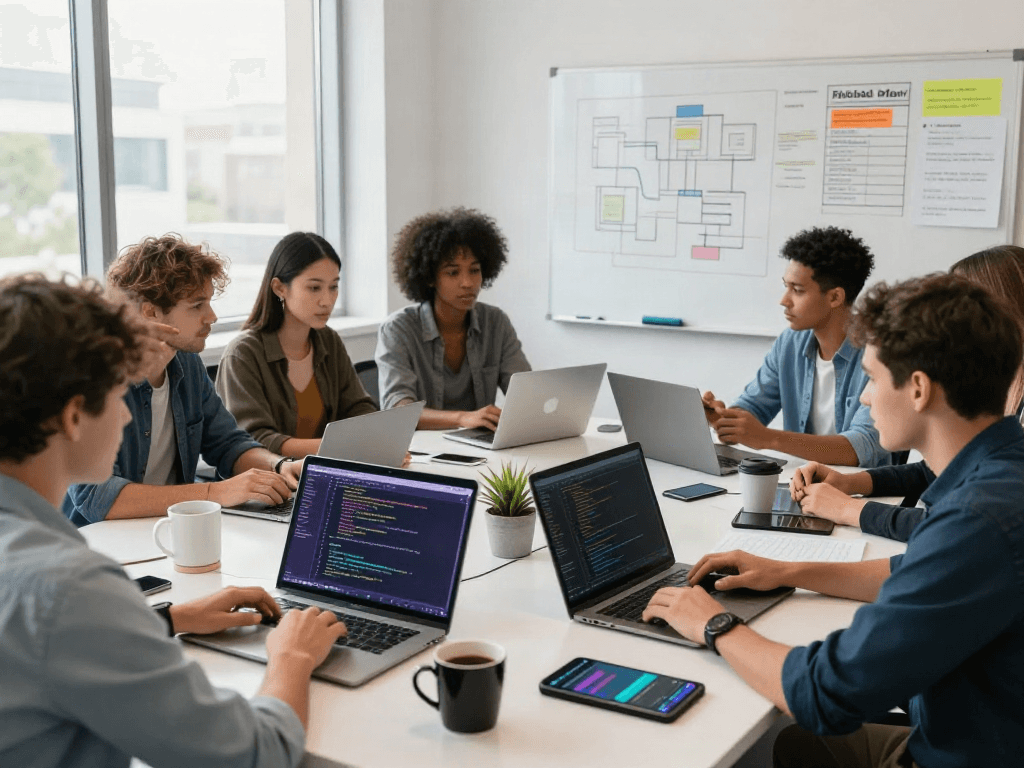 Équipe de développeurs utilisant Atlas pro dans un bureau moderne, entourée de matériel technologique et de diagrammes.