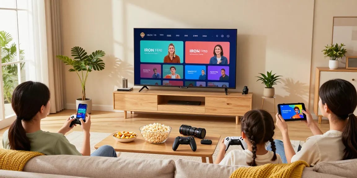 Vision de la famille profitant d'Iron TV Pro en streaming haute définition sur Smart TV.