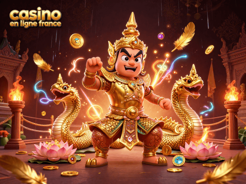 Illustration animée d'un yaksha en armure dorée, évoquant le casino en ligne france avec des éléments de jeu.