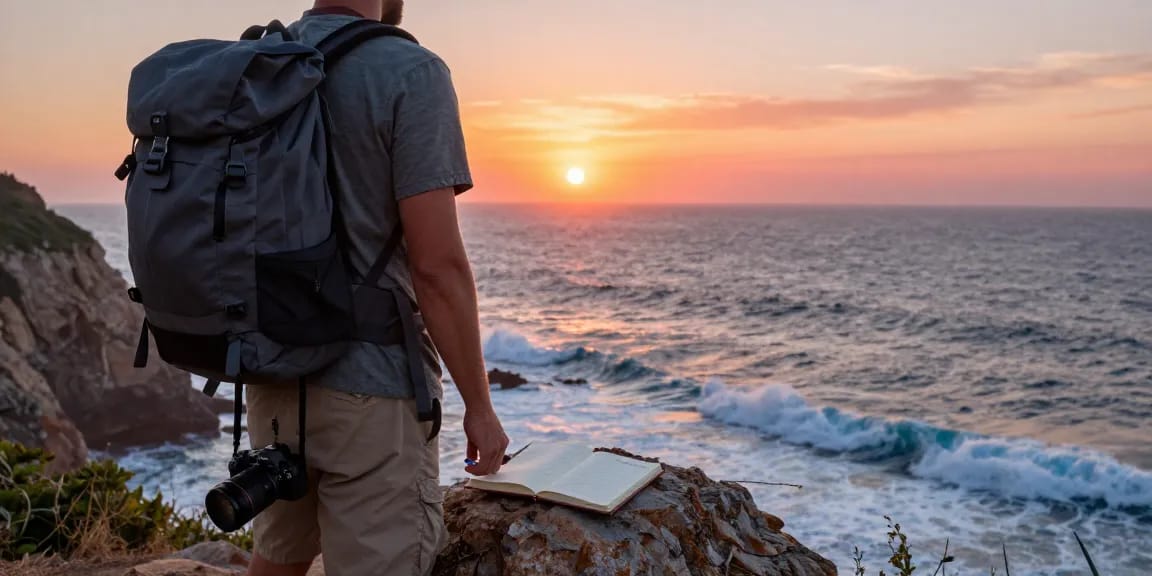 Vue d'un voyageur contemplant un coucher de soleil à la mer, mettant en valeur le lavowin link et l'exploration.