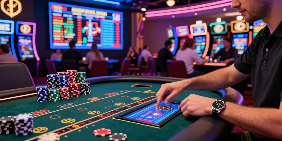 Scène de retrait crypto casino avec un joueur utilisant une plateforme numérique entouré de lumières néon et d'un environnement vibrant.