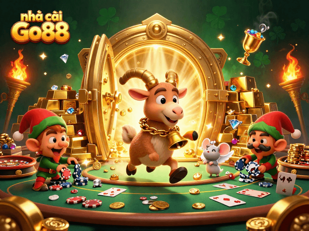 Engage with the vibrant holiday-horror casino scene at nhà cái Go88 featuring Krampus, a mouse, and mischievous gremlins.