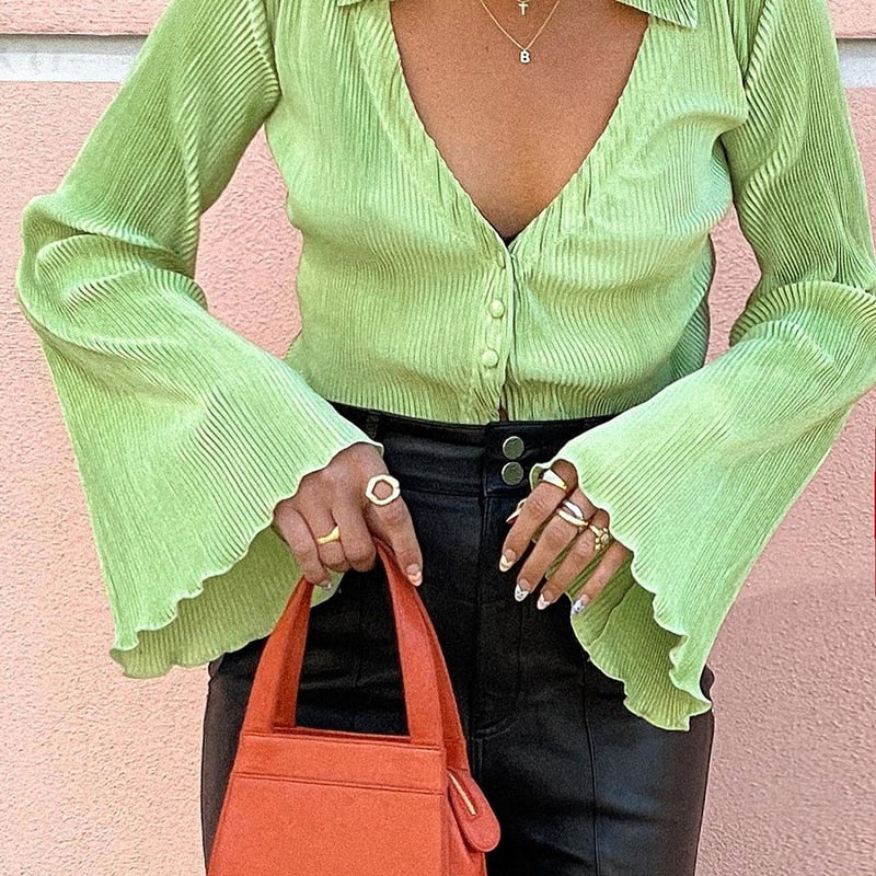 Dourbesty Green Vintage Flare Sleeve Top Shirt Y2K Button up V Neck Blouse Aesthetic Korean Fashion Streetwear Women's Shirts
