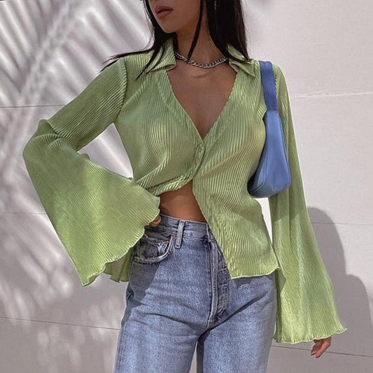 Dourbesty Green Vintage Flare Sleeve Top Shirt Y2K Button up V Neck Blouse Aesthetic Korean Fashion Streetwear Women's Shirts