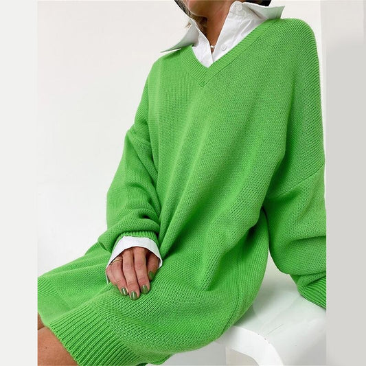 Women Green Solid Long Knitted V Neck Sweater Pullover 2021 Autumn Winter Casual Female Long Sleeve Drop Shoulder Sweater