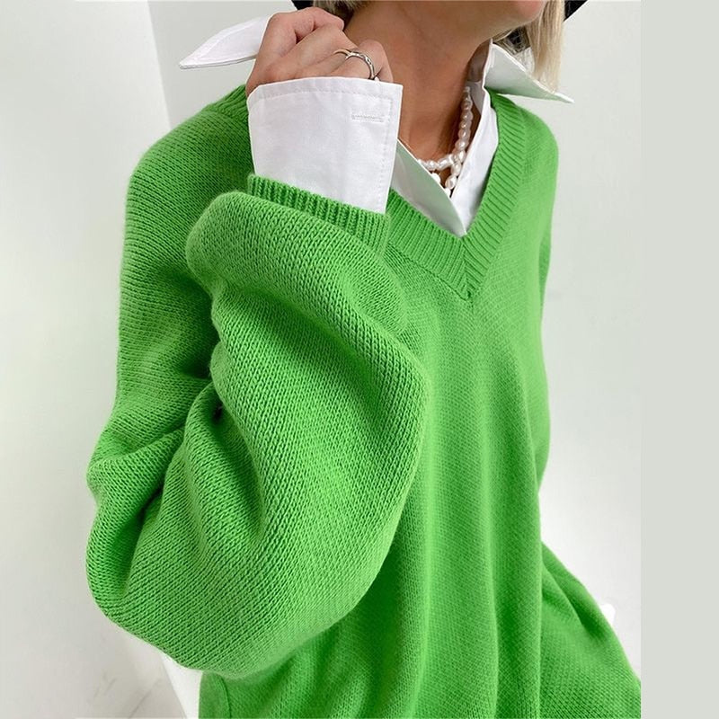 Women Green Solid Long Knitted V Neck Sweater Pullover 2021 Autumn Winter Casual Female Long Sleeve Drop Shoulder Sweater