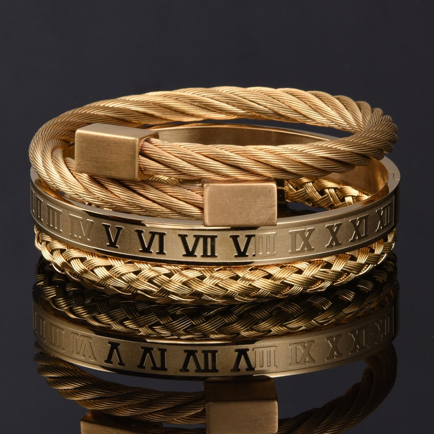 Luxury Roman Number Charm Woven Stainless Steel Bracelet Hip Hop Men Jewelry Gold Color Jewelry For  Men Pulseira Bileklik