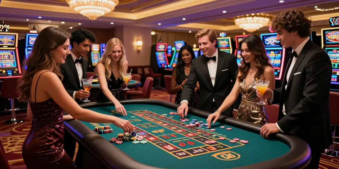 Scène de jeu dans un casino français en ligne avec des amis autour d'une table de roulette.