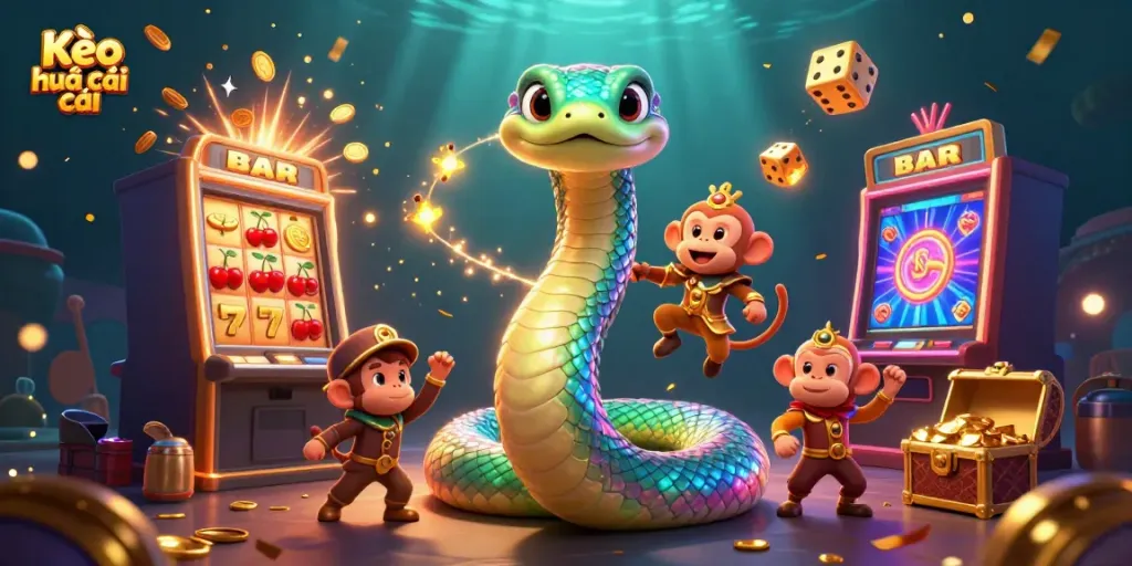 Capture the excitement of Kèo nhà cái with vibrant characters, slot elements, and casino-themed visuals.