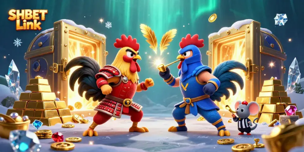 Engage in thrilling gaming with SHBET Link showcasing cartoon roosters in an epic standoff.