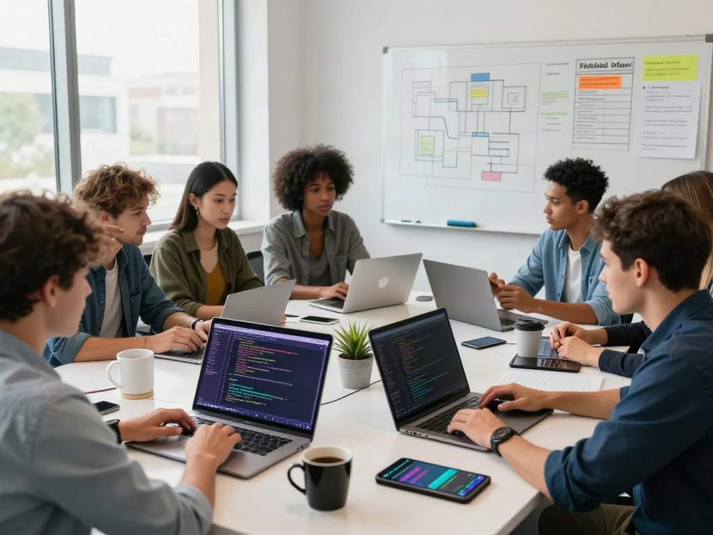 Équipe de développeurs utilisant Atlas pro dans un bureau moderne, entourée de matériel technologique et de diagrammes.