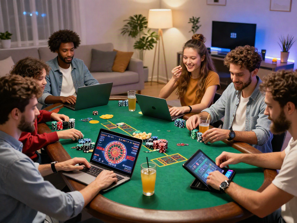 Scène de jeu en ligne de casino français en ligne avec des amis partageant des moments de plaisir.