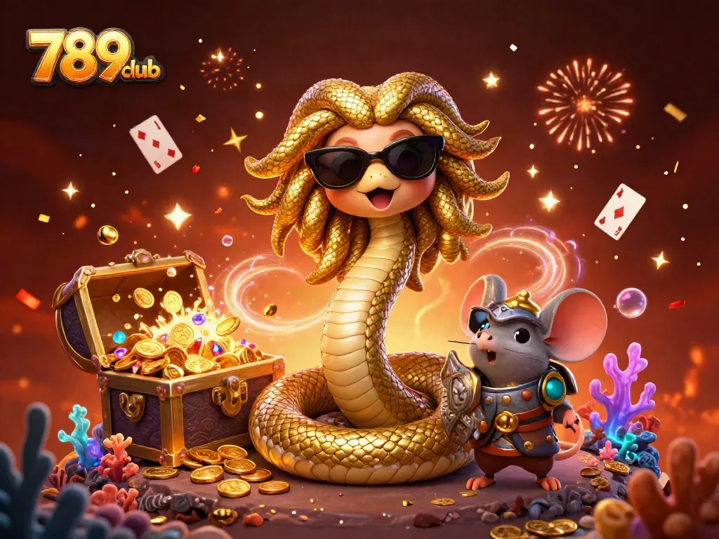 Winning at the 789club with Medusa and a warrior mouse in a vibrant, treasure-filled scene.