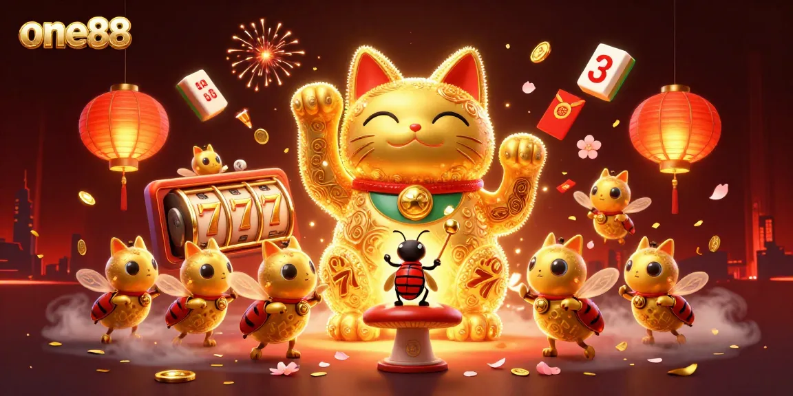 Experience vibrant casino excitement with one88's golden talents, iconic symbols, and festive elements.