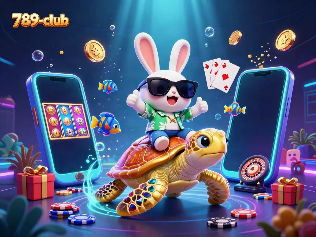 Experience vibrant gaming fun with 789-club in a colorful underwater casino scene featuring a cheerful rabbit.