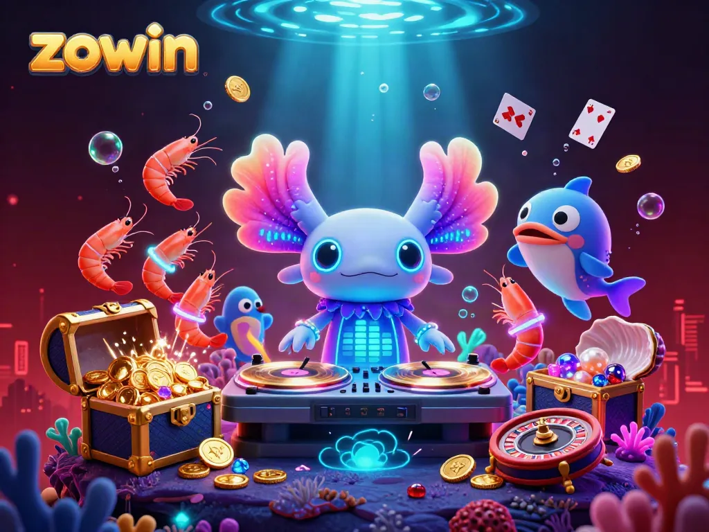 Zowin showcases a vibrant casino-themed underwater scene with a neon axolotl DJ surrounded by lively sea characters.