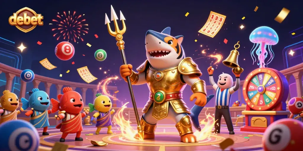 Experience the thrill of debet with a vibrant underwater casino scene featuring a tiger shark and lottery elements.