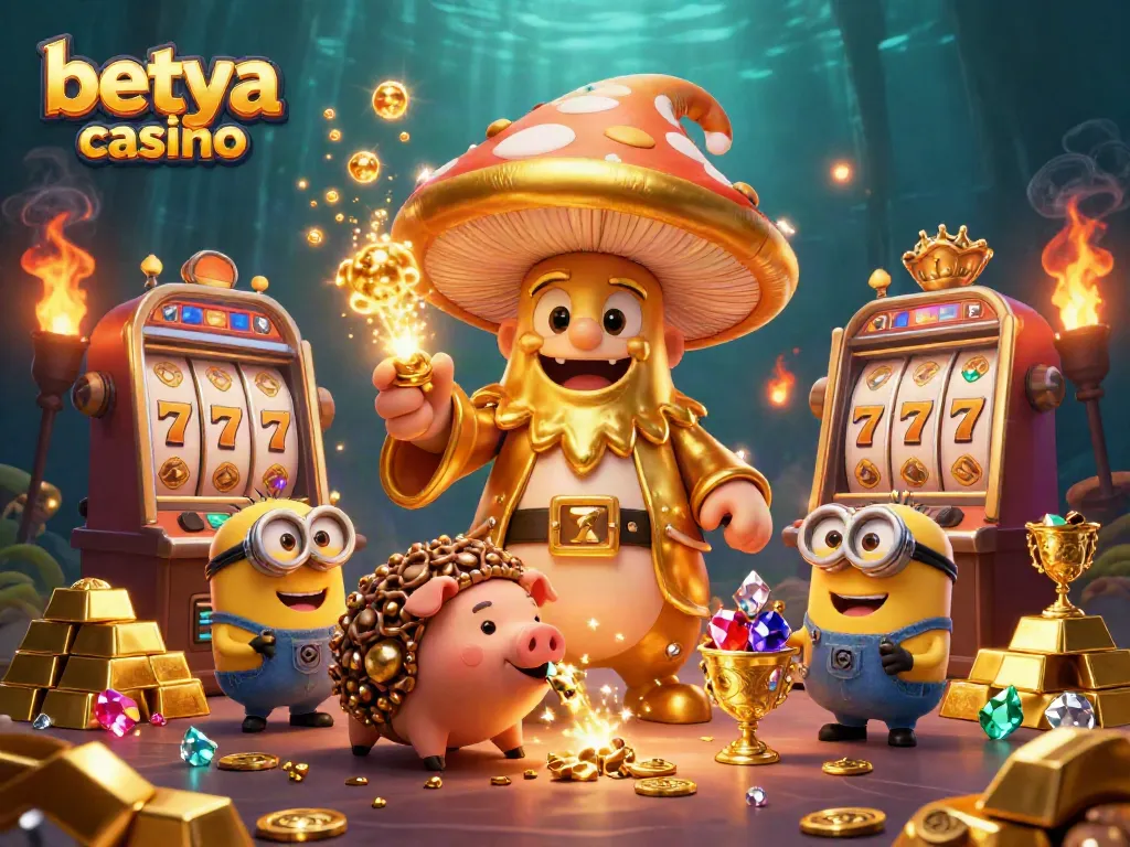 Experience the excitement of betya casino with spinning slot machines and golden treasures in this vibrant illustration.