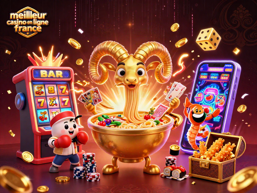 Illustration dynamique représentant le meilleur casino en ligne en France avec un ramen géant et des éléments de jeux captivants.