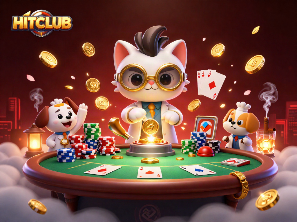 HITCLUB in a vibrant 3D scene with a cartoon scientist cat, poker elements, and dramatic lighting.