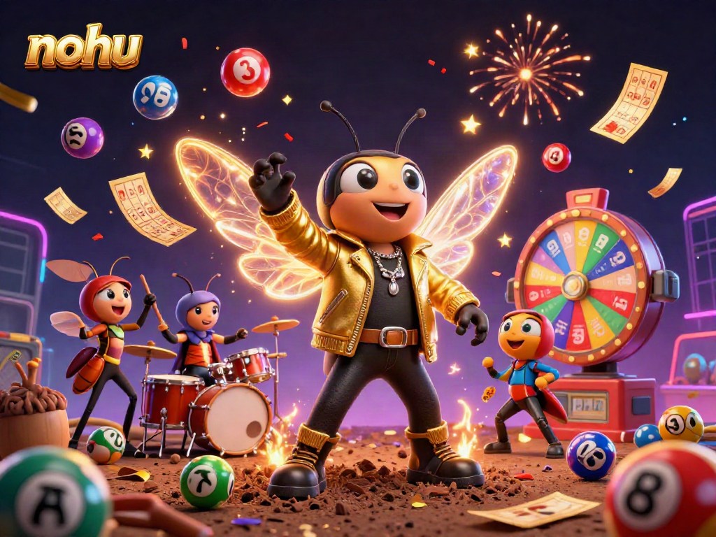 Engage with nohu’s vibrant gaming world featuring colorful lottery elements and energetic 3D characters.