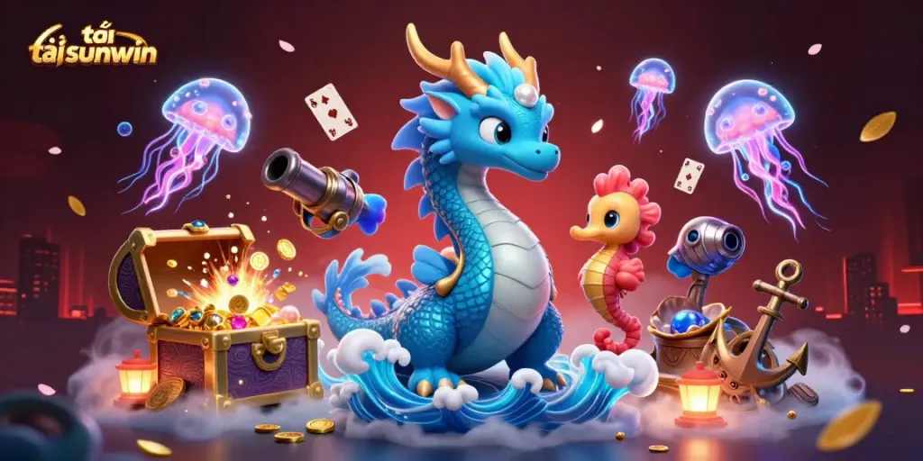 Engage with the vibrant world of tải sunwin, featuring a dragon, seahorse knight, and glowing jellyfish.