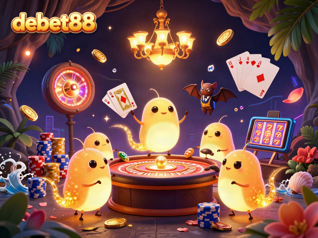 Experience the excitement of debet88 with a vibrant 3D illustration of a lively casino scene full of games and treasures.