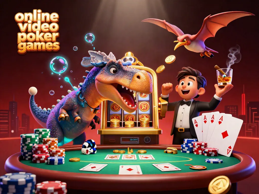 Experience the excitement of online video poker games with a vibrant dinosaur-themed casino illustration.