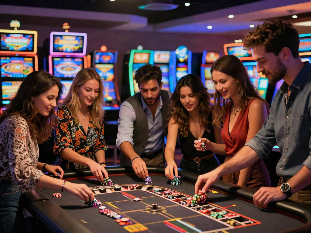 Scène animée montrant des amis au meilleur casino en ligne France autour d'une table de roulette, ambiance festive et lumineuse.