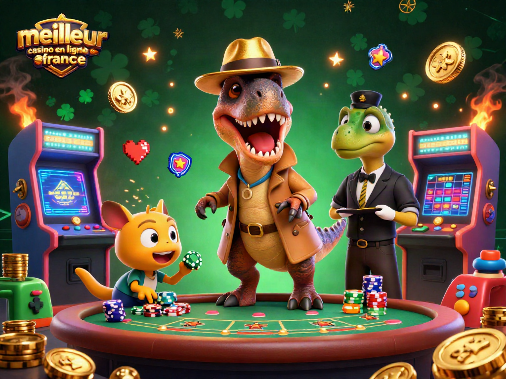 Visualisez le meilleur casino en ligne France avec un velociraptor jouant aux cartes et des éléments de jeu colorés.