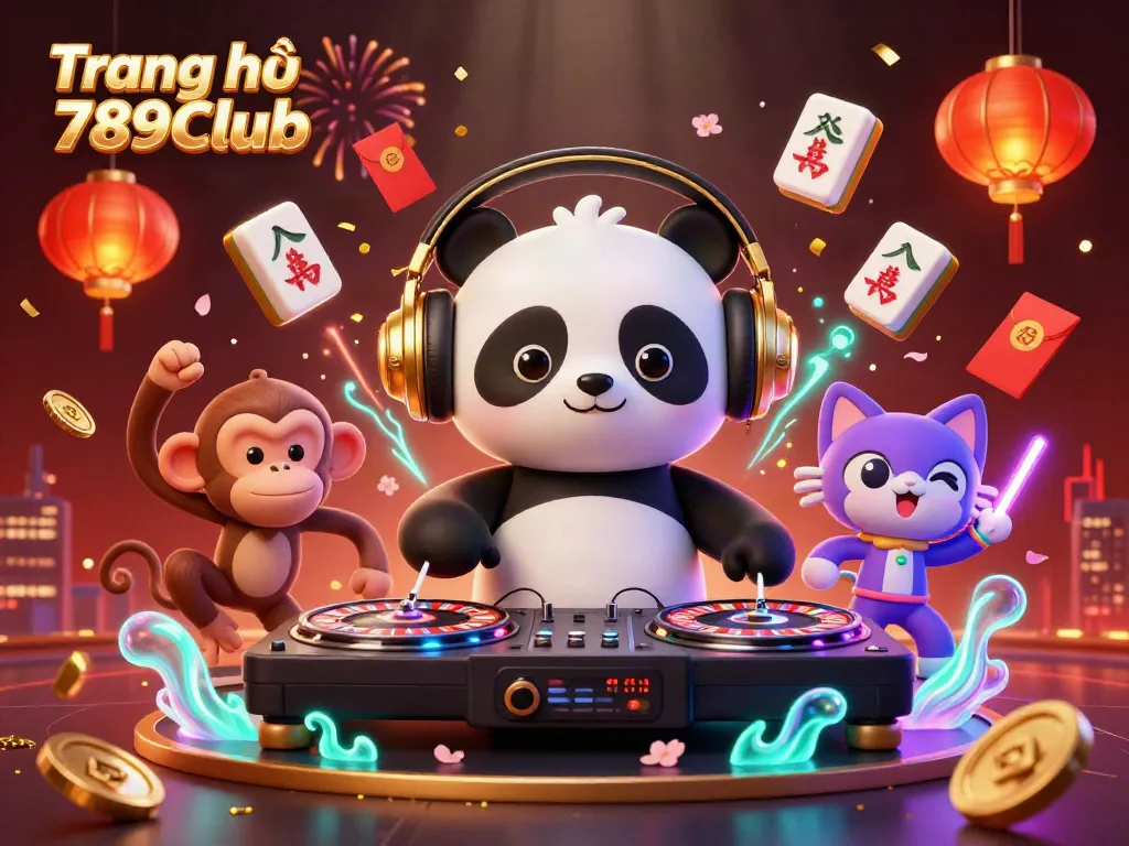 Engage with the exciting world of Trang chủ 789Club through a vibrant 3D illustration featuring a panda DJ, dynamic characters, and festive casino elements.