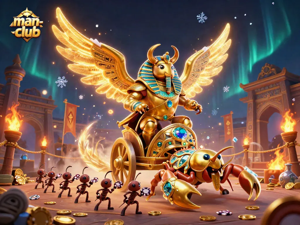 Engage with the thrilling man-club as the golden scarab beetle and scorpions navigate a casino-themed arena.