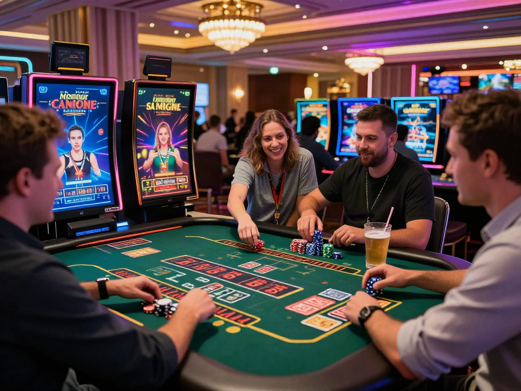 Joueurs profitant de l’excitation du meilleur casino en ligne France dans une atmosphère vibrante et engageante.