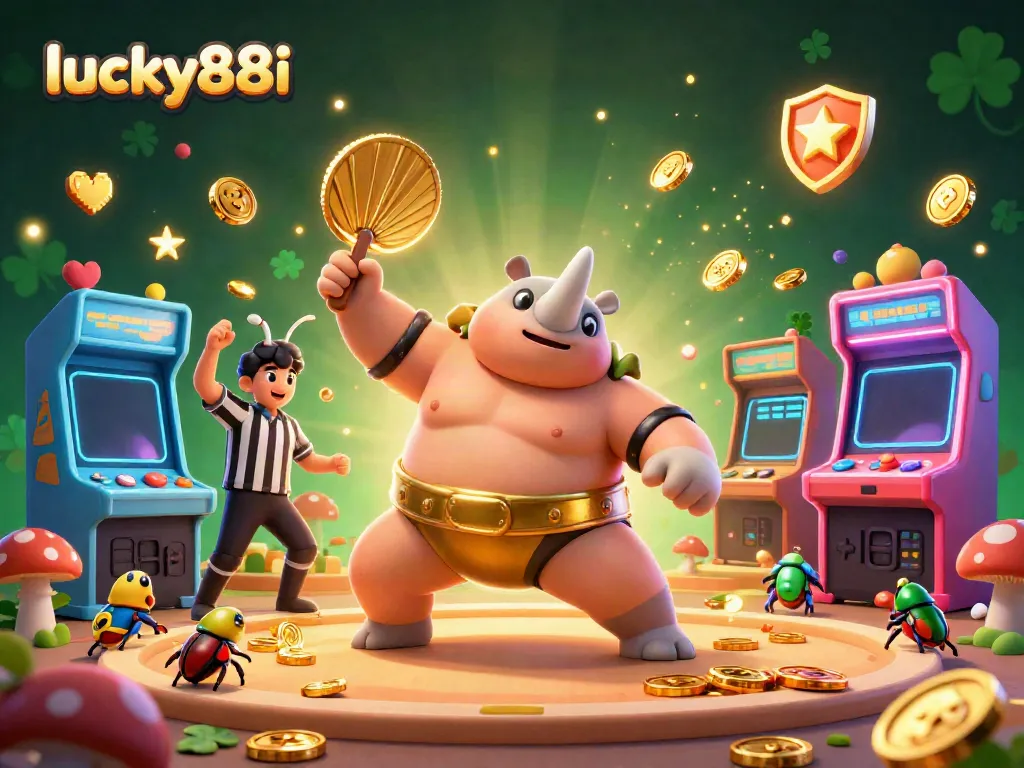 Experience lucky88i gaming excitement with cartoon sumo beetle champion amid a vibrant casino environment.