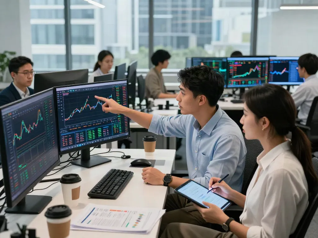 Équipe de trading analysant les données de la-essorinvexaro.com dans un bureau moderne avec des graphiques de marché.