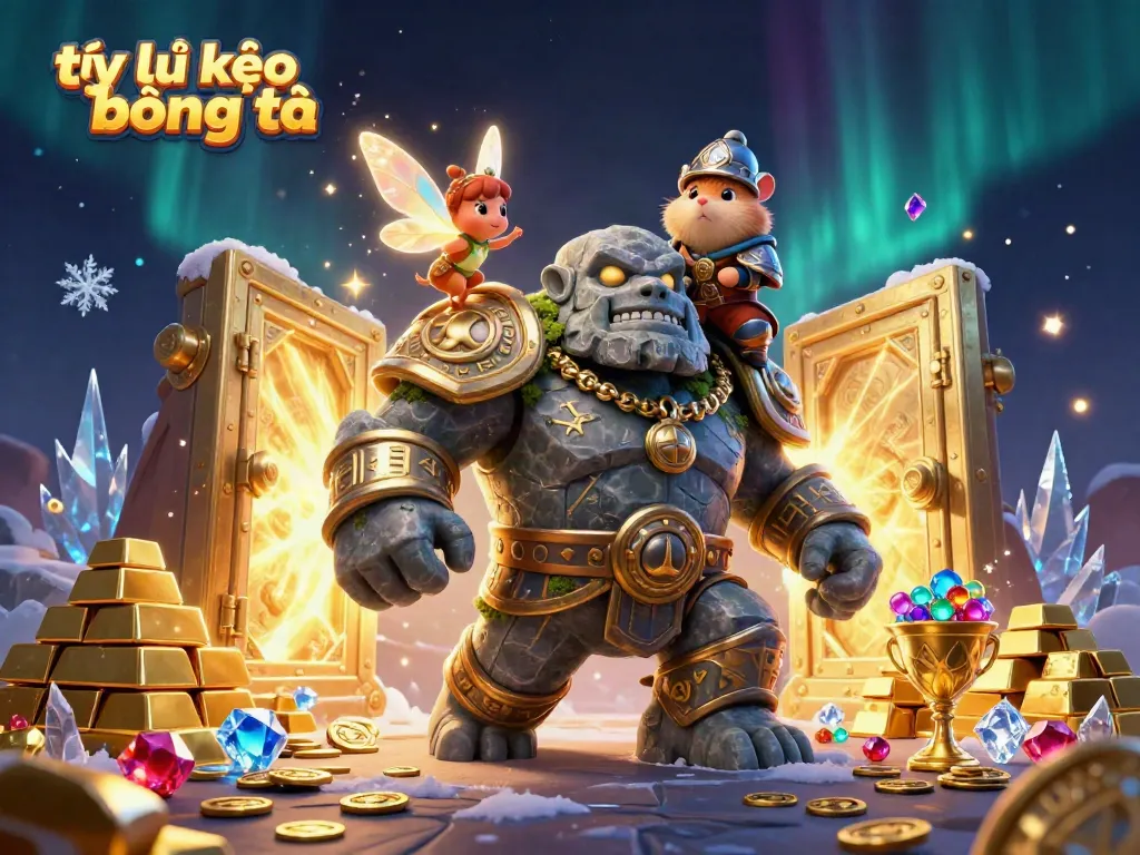 Bet on tỷ lệ kèo bóng đá with detailed 3D illustration of a magical golem, fairy, and knight amidst treasure.