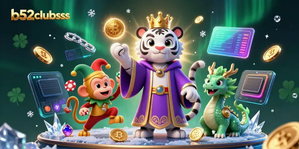 Experience excitement with b52clubsss - a lively casino scene featuring engaging characters and crypto elements.