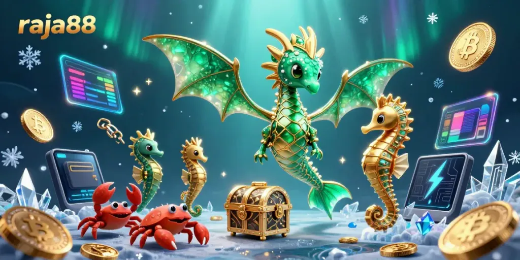 Engage with the vibrant sea dragon adventure on raja88, surrounded by crypto elements and ocean treasures.