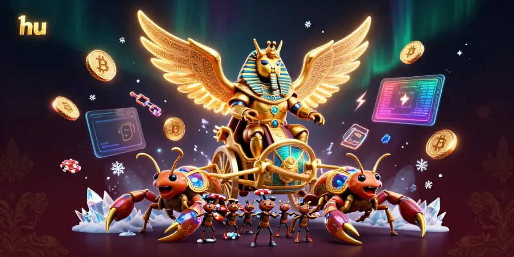 Engage in thrilling gaming action with hu themed illustrations depicting golden scarab beetle and scorpions.