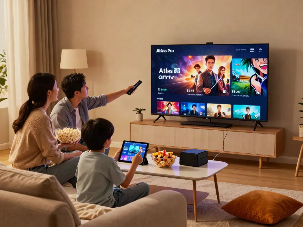 Famille profitant d'Atlas Pro pour une soirée cinéma à domicile