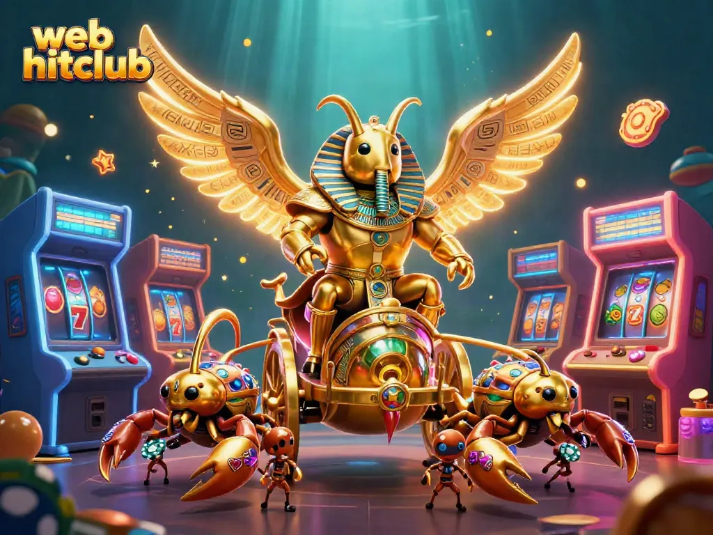 Engage in thrilling gameplay with web hitclub, featuring a colossal golden beetle, vibrant slot reels, and arcade excitement.