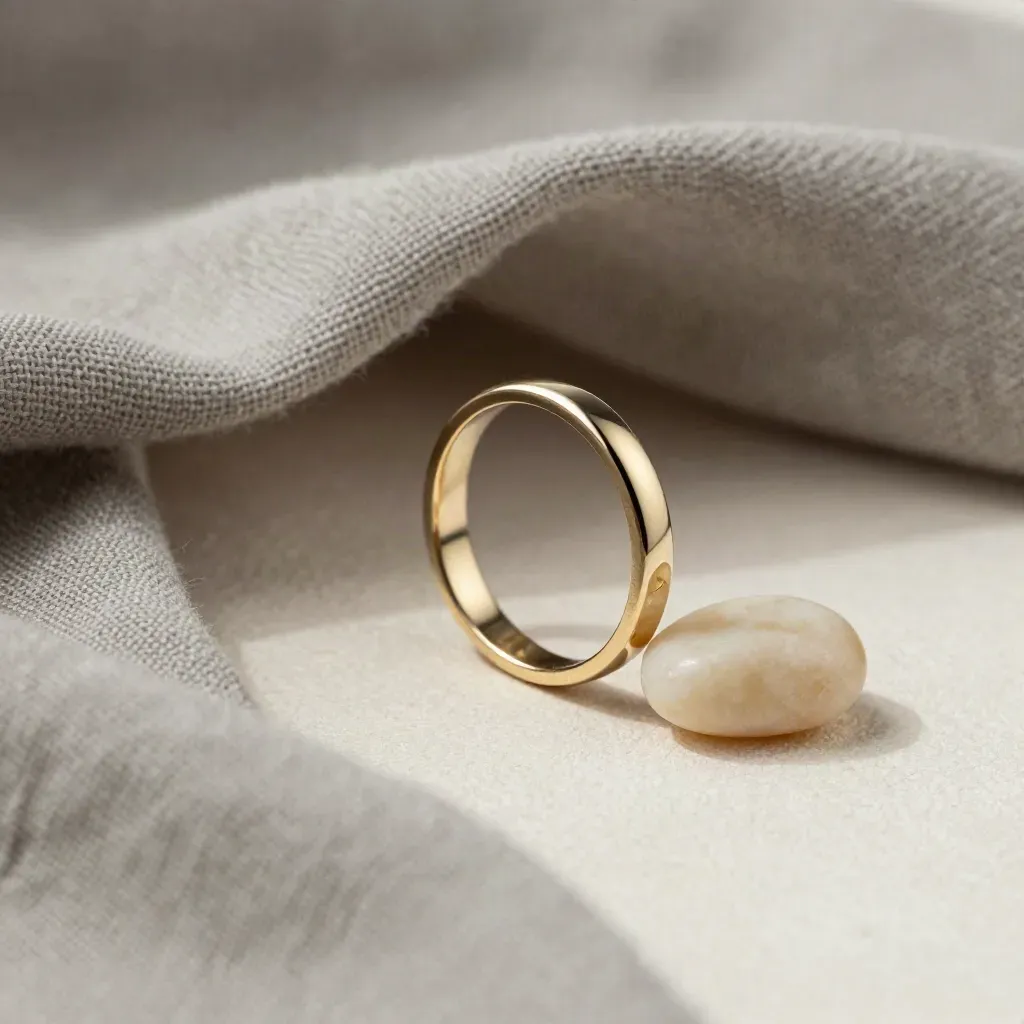 Macro d’une bague dorée champagne avec galet ivoire et lin sur fond minéral doux