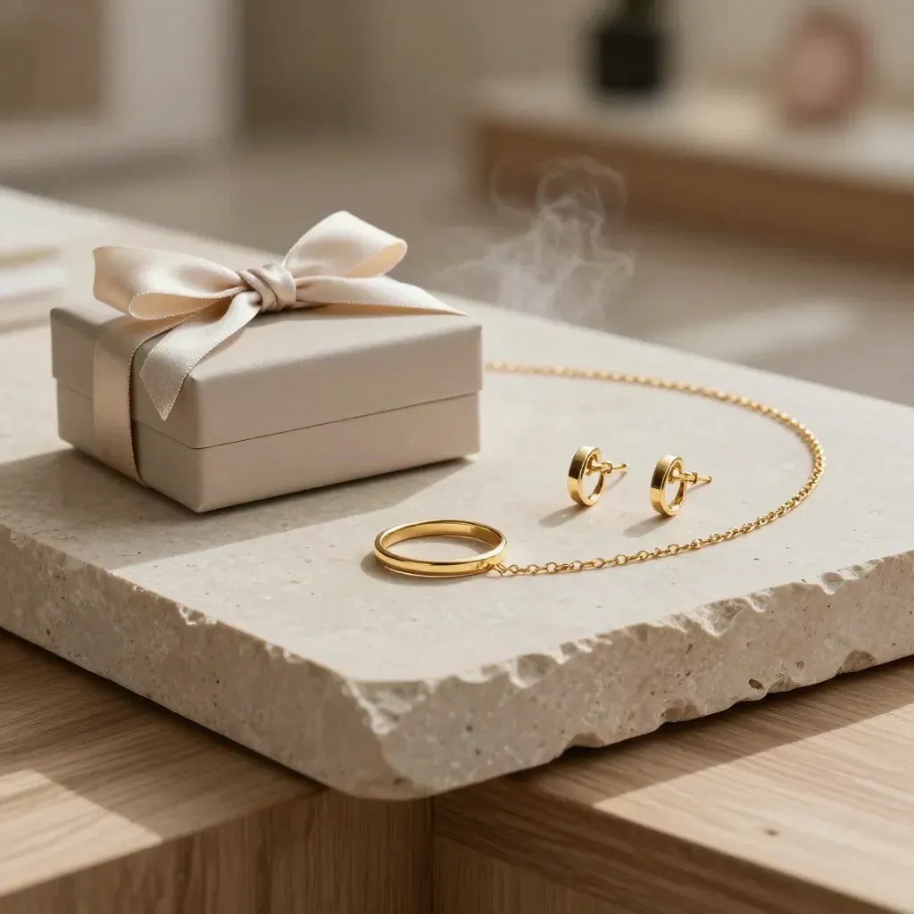 Pack duo de bijoux sur pierre claire avec ruban poudré et étui neutre, lumière douce.