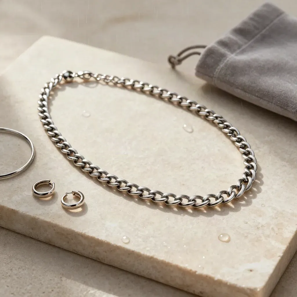 Collier chaîne en or champagne sur pierre ivoire avec bracelet, boucles et gouttes de pluie.