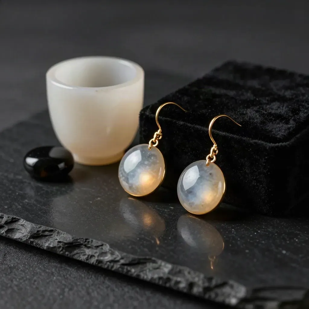 Boucles pendantes dorées sur surface noire avec coupelle minérale et galet sombre.